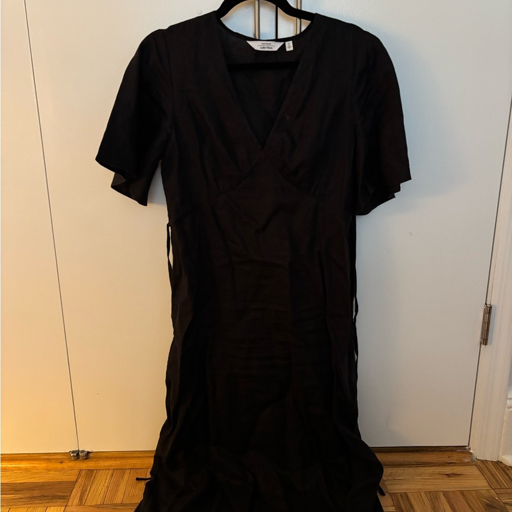 & Other Stories Black Linen Sheath Dress V-Neck Short Sleeve